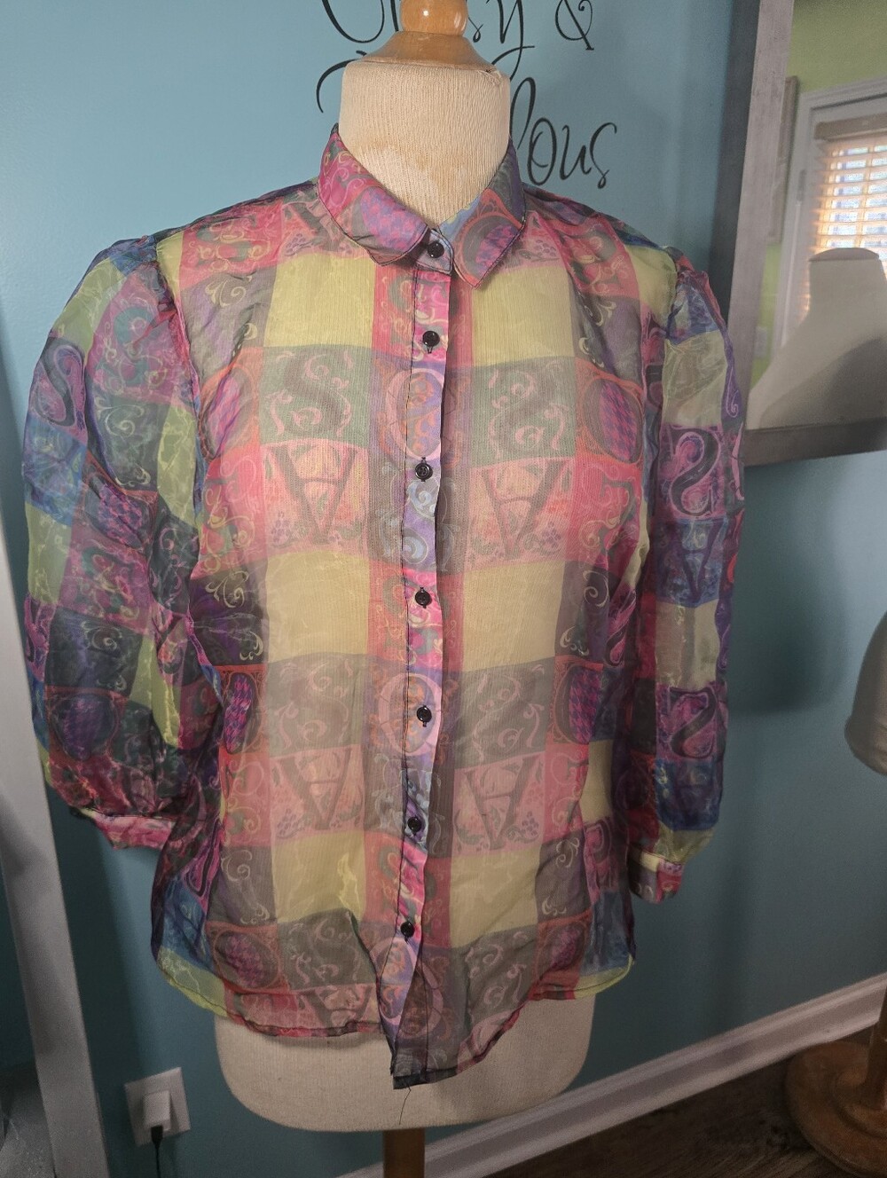 Sheer Multicolor Check Button-Up Shirt